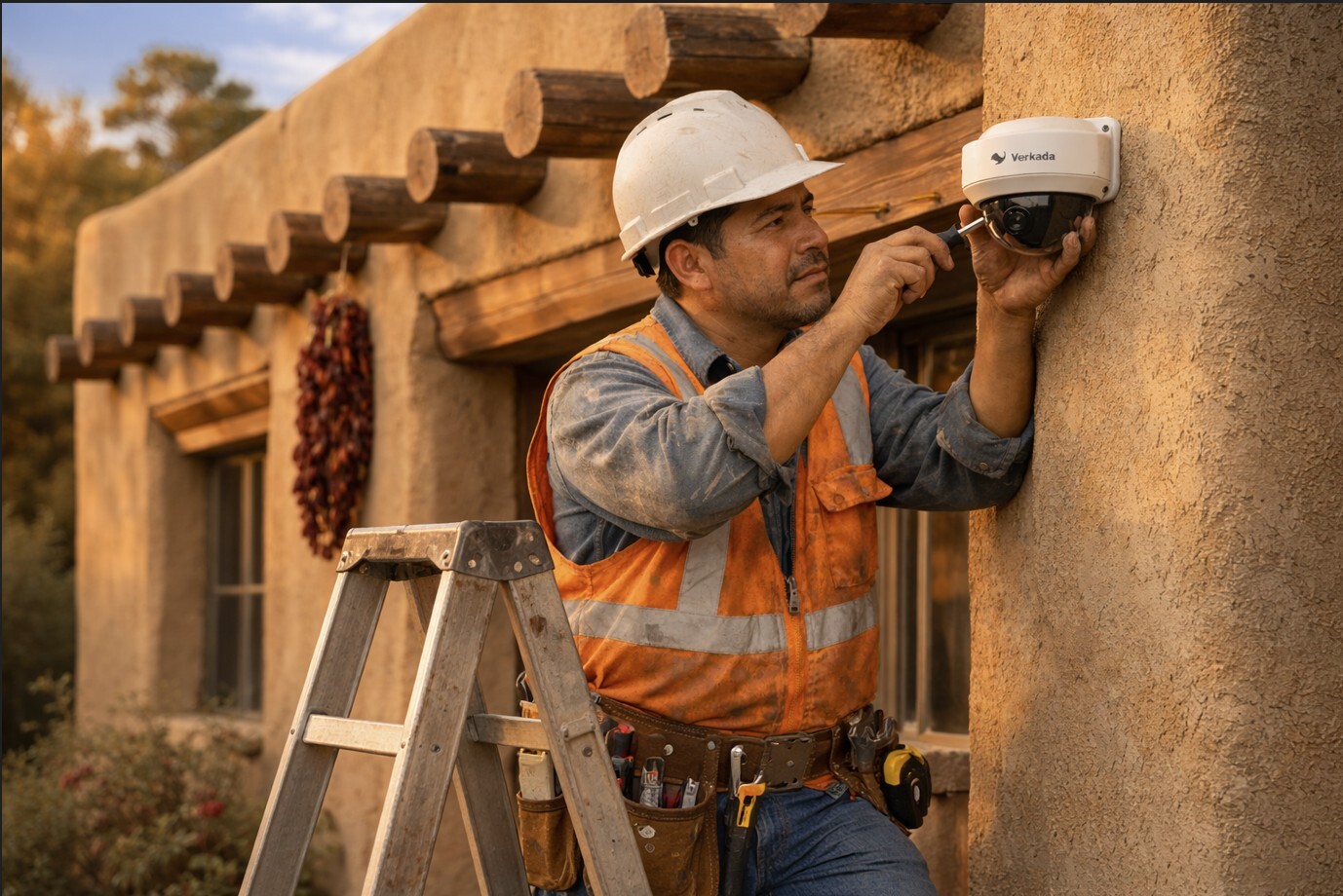 Man installing security camera